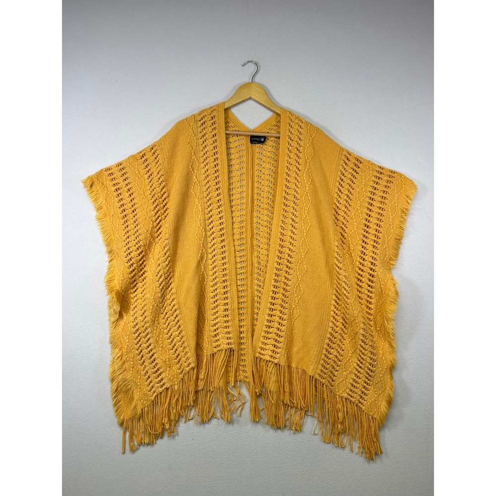 Boho Antthony Original Women OS Mustard Yellow Fringe Knit Open Front Poncho
